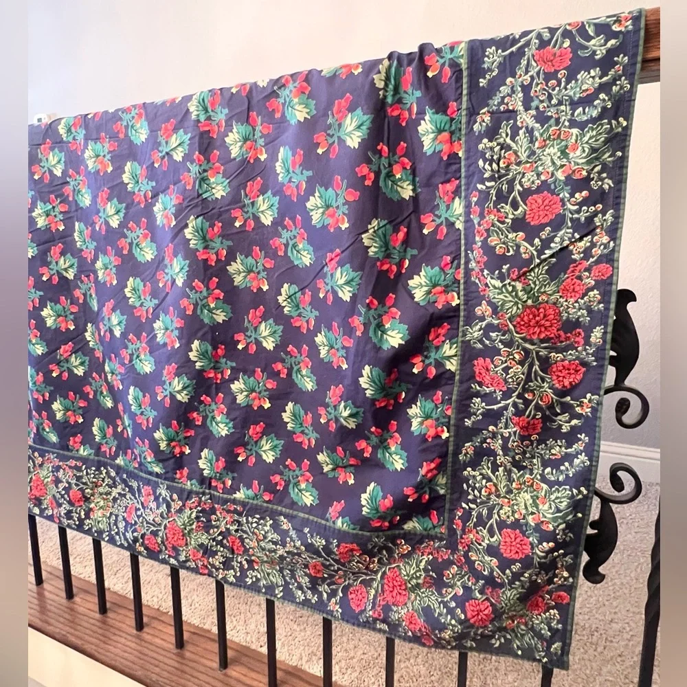 Vintage April Cornel Large Rectangle Tablecloth Navy Blue and Florals 104”x 50”
